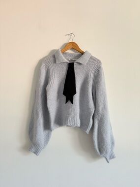 Zara Light Blue Collared Knit Sweater with Black Tie Accent